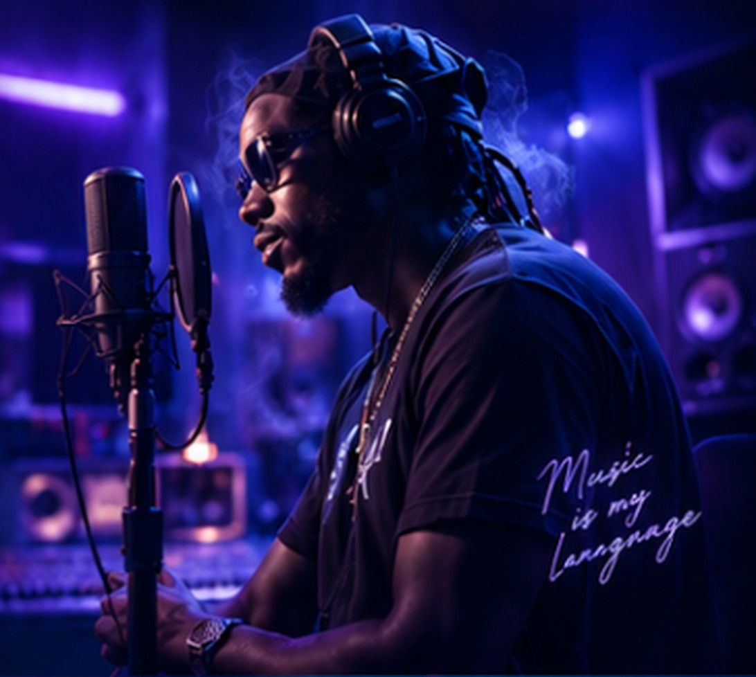 Jah Fragrance recording music in a purple lit studio